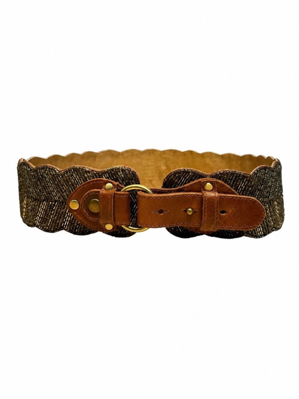Motif 56 Brown Leather Glass Beaded Scalloped Wide Belt Size Large Statement